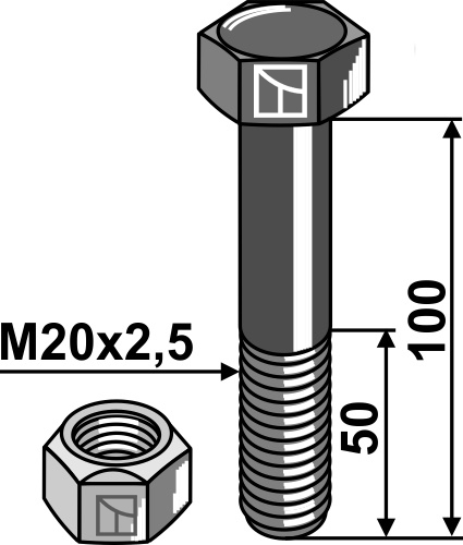Sechskantschraube M20x2,5x100 mit Sicherungsmutter geeignet für: Mulag Tornillos, tuercas y elementos de seguridad