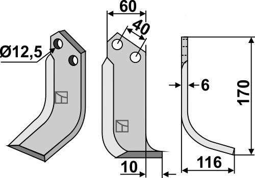 Fräsmesser, rechte Ausführung geeignet für: Maschio / Gaspardo freesmes en rotortanden