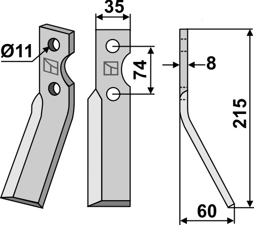 Rotorzinken, rechte Ausführung geeignet für: Simon blade and rotary tine