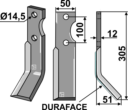 Rotorzinken DURAFACE, rechte Ausführung geeignet für: Agrator Fräsmesser