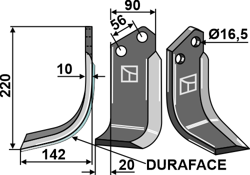 Fräsmesser DURAFACE, linke Ausführung geeignet für: Maschio / Gaspardo blade and rotary tine
