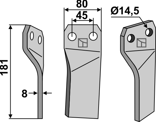 Rotorzinken, linke Ausführung geeignet für: Maschio / Gaspardo blade and rotary tine