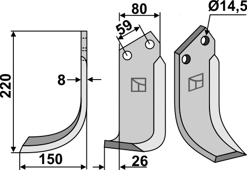 Fräsmesser, linke Ausführung geeignet für: Tortella blade and rotary tine