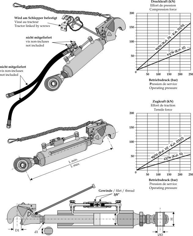 Hydraulic top-links with hook and tie-rod